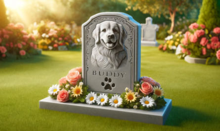 Una imagen horizontal que muestra una lápida conmemorativa sobre la hierba verde de un perro Golden Retriever fallecido. La lápida está elegantemente tallada en piedra gris y presenta una huella de pata grabada y el nombre "Buddy" en una escritura clásica. Flores como margaritas y rosas rodean la lápida, añadiendo color y calidez al entorno sereno. El fondo muestra un entorno tranquilo parecido a un jardín con algunos árboles y una suave luz del sol filtrándose a través de las hojas. https:www.lapidasparamascotas.com