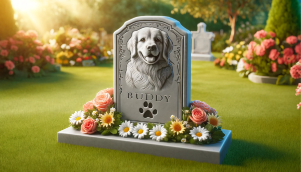 Una imagen horizontal que muestra una lápida conmemorativa sobre la hierba verde de un perro Golden Retriever fallecido. La lápida está elegantemente tallada en piedra gris y presenta una huella de pata grabada y el nombre "Buddy" en una escritura clásica. Flores como margaritas y rosas rodean la lápida, añadiendo color y calidez al entorno sereno. El fondo muestra un entorno tranquilo parecido a un jardín con algunos árboles y una suave luz del sol filtrándose a través de las hojas. https:www.lapidasparamascotas.com