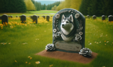 Una imagen horizontal que muestra la lápida conmemorativa de un perro husky siberiano en un campo de hierba. La escena incluye una piedra bellamente tallada con un grabado en memoria del perro, rodeada de unas cuantas flores y un entorno tranquilo y sereno. La atención se centra en la artesanía de la lápida y el ambiente tranquilo de la zona, que transmite una sensación de respeto y recuerdo por la querida mascota. https:www.lapidasparamascotas.com