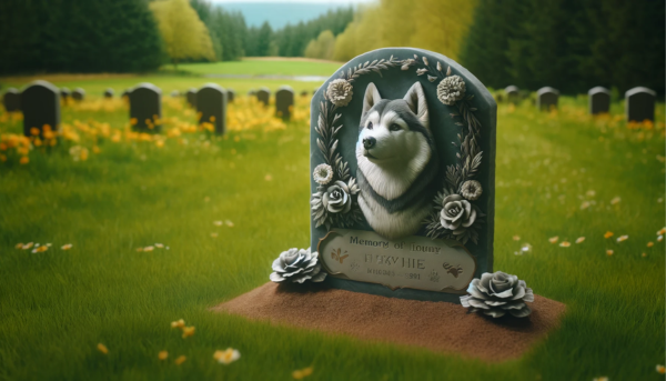 Una imagen horizontal que muestra la lápida conmemorativa de un perro husky siberiano en un campo de hierba. La escena incluye una piedra bellamente tallada con un grabado en memoria del perro, rodeada de unas cuantas flores y un entorno tranquilo y sereno. La atención se centra en la artesanía de la lápida y el ambiente tranquilo de la zona, que transmite una sensación de respeto y recuerdo por la querida mascota. https:www.lapidasparamascotas.com