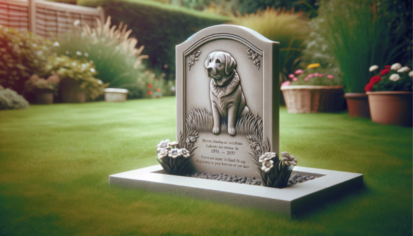 Una escena horizontal que muestra una lápida conmemorativa sobre el césped dedicada a un labrador retriever fallecido. La lápida está elegantemente tallada y colocada sobre un césped bien cuidado, rodeada de algunas flores. La lápida presenta una emotiva inscripción y una pequeña imagen de un labrador retriever. El entorno es sereno y pacífico, con una luz suave que se filtra entre los árboles cercanos. https:www.lapidasparamascotas.com