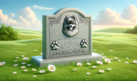 Una escena horizontal que representa un exuberante césped verde con una lápida conmemorativa de un perro Pomerania fallecido. La lápida tiene un diseño elegante, está tallada en piedra gris e incluye grabados de patas de perro y un epitafio sincero. El entorno es tranquilo, con algunas margaritas esparcidas alrededor de la tumba, bajo un cielo azul suave con nubes claras. https:www.lapidasparamascotas.com