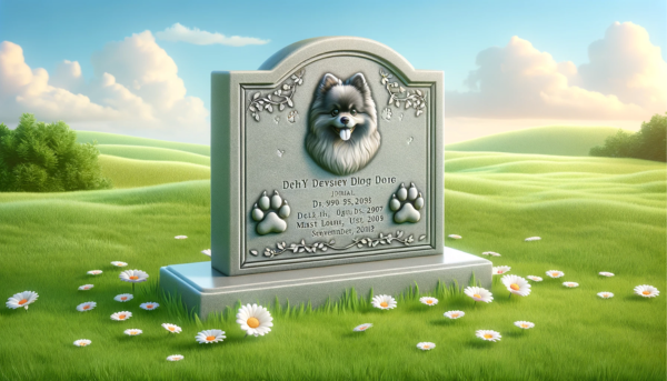 Una escena horizontal que representa un exuberante césped verde con una lápida conmemorativa de un perro Pomerania fallecido. La lápida tiene un diseño elegante, está tallada en piedra gris e incluye grabados de patas de perro y un epitafio sincero. El entorno es tranquilo, con algunas margaritas esparcidas alrededor de la tumba, bajo un cielo azul suave con nubes claras. https:www.lapidasparamascotas.com