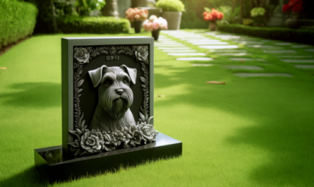 Una imagen horizontal de una lápida conmemorativa de un perro Schnauzer fallecido en un exuberante césped verde. La lápida tiene un intrincado diseño con grabados florales y una imagen tallada de un Schnauzer. El entorno es sereno, con algunas flores colocadas en la base de la lápida y una suave luz del sol que se filtra a través de los árboles cercanos, proyectando suaves sombras sobre la hierba. El ambiente es pacífico y respetuoso, reflejando amor y memoria. https:www.lapidasparamascotas.com