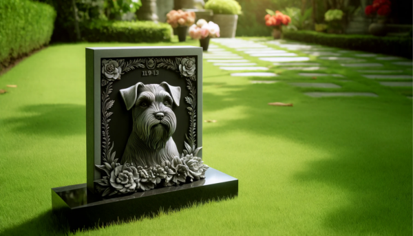 Una imagen horizontal de una lápida conmemorativa de un perro Schnauzer fallecido en un exuberante césped verde. La lápida tiene un intrincado diseño con grabados florales y una imagen tallada de un Schnauzer. El entorno es sereno, con algunas flores colocadas en la base de la lápida y una suave luz del sol que se filtra a través de los árboles cercanos, proyectando suaves sombras sobre la hierba. El ambiente es pacífico y respetuoso, reflejando amor y memoria. https:www.lapidasparamascotas.com