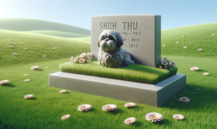 Una imagen horizontal de una lápida conmemorativa colocada sobre la hierba verde para un perro Shih Tzu fallecido. La lápida es sencilla y elegante, tallada en piedra gris, con una inscripción que se lee en delicadas letras. Alrededor de la lápida hay algunas flores esparcidas, realzando el ambiente solemne y tranquilo. La escena se desarrolla bajo un cielo azul claro, creando un monumento sereno y respetuoso. https:www.lapidasparamascotas.com