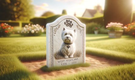 Una amplia imagen horizontal de una escena cubierta de hierba con una lápida conmemorativa en el césped de un perro West Highland White Terrier fallecido. La lápida está elegantemente tallada, con grabados que incluyen una huella de una pata y el nombre 'Max' en cursiva. El fondo incluye algunas flores y un cielo suave y soleado, creando una atmósfera tranquila. https:www.lapidasparamascotas.com