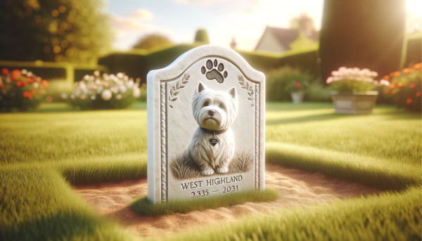 Una amplia imagen horizontal de una escena cubierta de hierba con una lápida conmemorativa en el césped de un perro West Highland White Terrier fallecido. La lápida está elegantemente tallada, con grabados que incluyen una huella de una pata y el nombre 'Max' en cursiva. El fondo incluye algunas flores y un cielo suave y soleado, creando una atmósfera tranquila. https:www.lapidasparamascotas.com