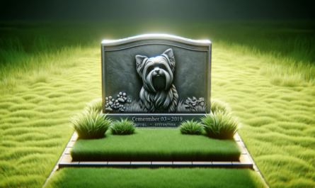 Una escena horizontal que representa una lápida conmemorativa sobre un exuberante césped verde en memoria de un Yorkshire Terrier. La lápida tiene un diseño elegante, quizás con grabados o una pequeña escultura del perro. El césped que lo rodea está bien mantenido y el entorno transmite una atmósfera pacífica y respetuosa. La escena también puede incluir algunas flores colocadas junto a la lápida, realzando el sentido de homenaje y recuerdo. https:www.lapidasparamascotas.com